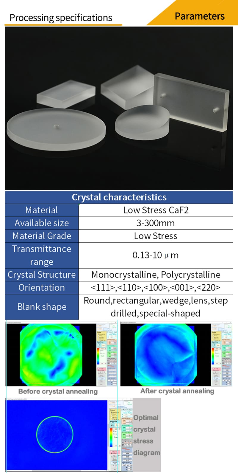 Customized parameters and optimal crystal stress diagram for low stress calcium fluoride 