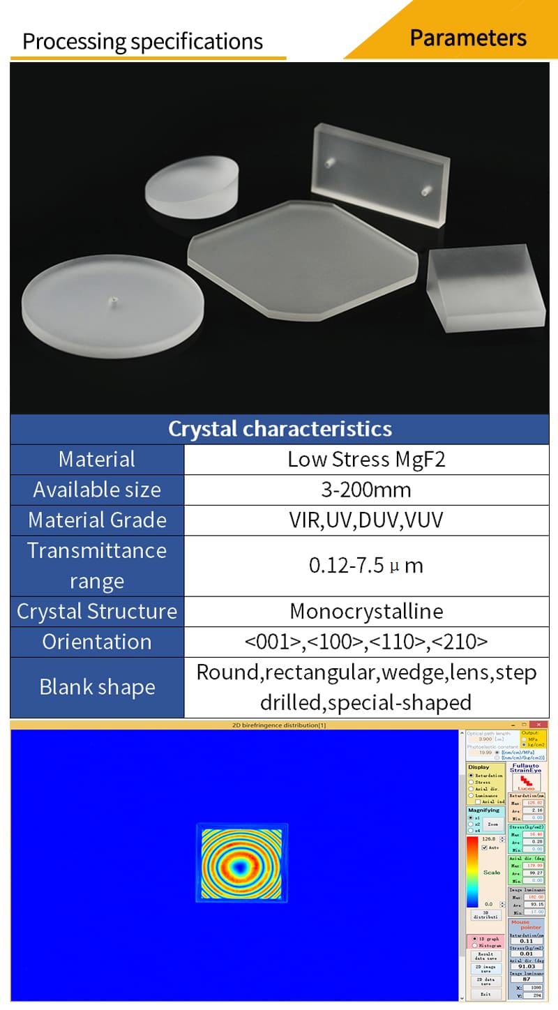 Customized parameters and 2D biretringence distribtiution for low stress magnesium fluoride