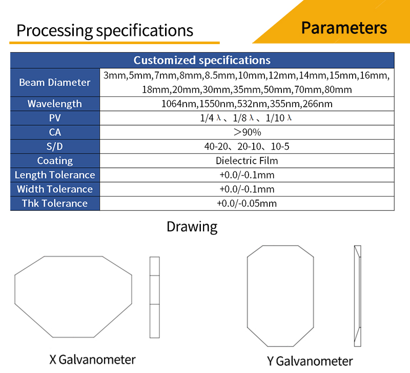 Customized parameters and drawings for fused silica scanning mirrors